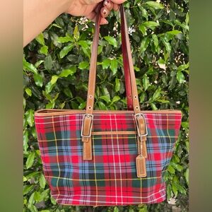 Coach Plaid Tartan Tote Bag Leather Trim #8937 Rare Holiday Preppy